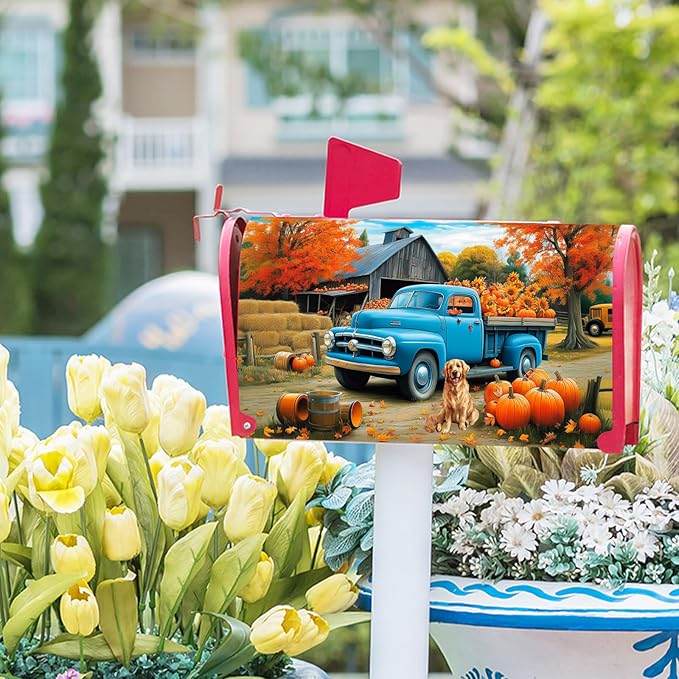 Fall Truck Mailbox Cover Magnetic 25.5"x21" Autumn Maple Tree Leaf Pumpkins Sunflower Farm Puppy Mailbox Wrap Post Cover Large Size Waterproof for Garden Yard Outdoor Outside Decor