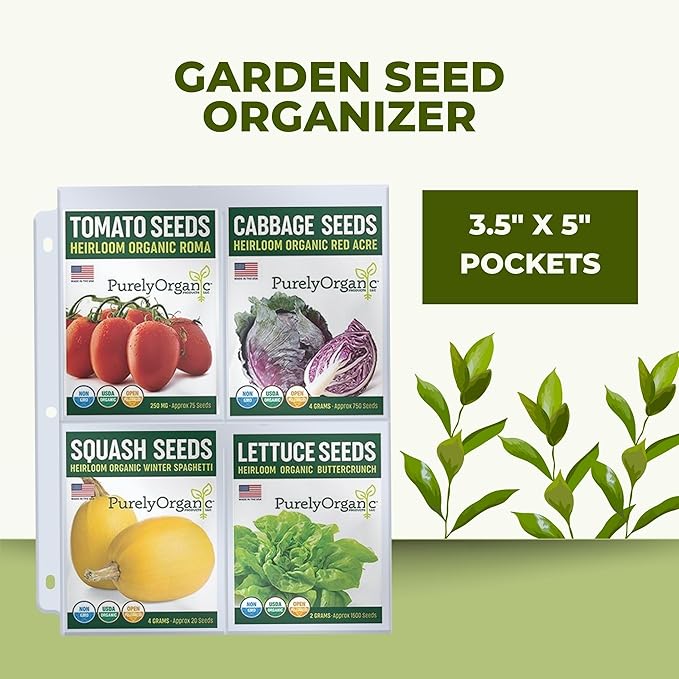 Performore Seed Packet Storage Sleeves 25-Pack | Top-Loading 4-Pocket Binder Pages (Single-Sided) Holds 3.5" x 5.25" Seed Packets | 3-Ring Binder Compatible for Gardeners & Organizers