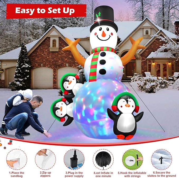6.3 FT Christmas Inflatable Snowman Outdoor Decoration with Build-in Multicolor LEDs, Snowman with 3 Penguins Blow Up Inflatables Christmas for Yard Garden Lawn Xmas Holiday Decor