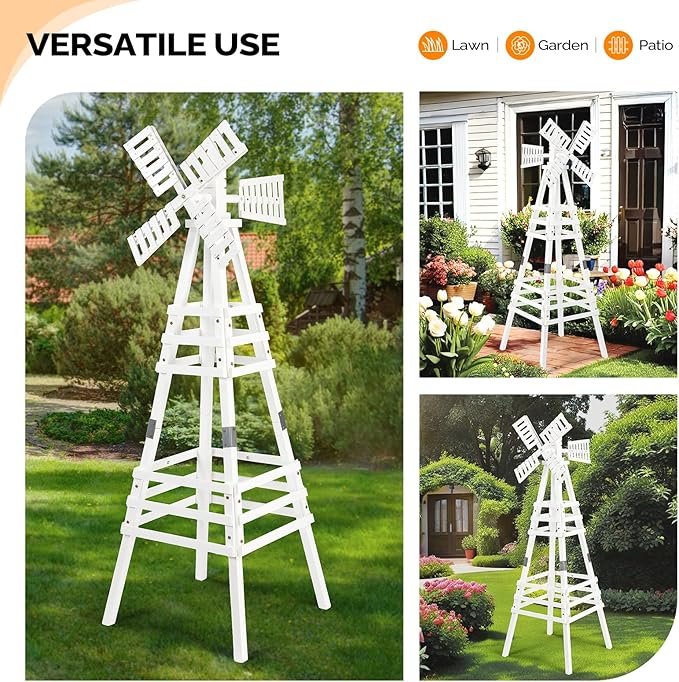 Wooden Windmill, Weather-Proof Wind Spinner, Outdoor Wind Mill for Garden Lawn Patio Decoration (White, Medium)