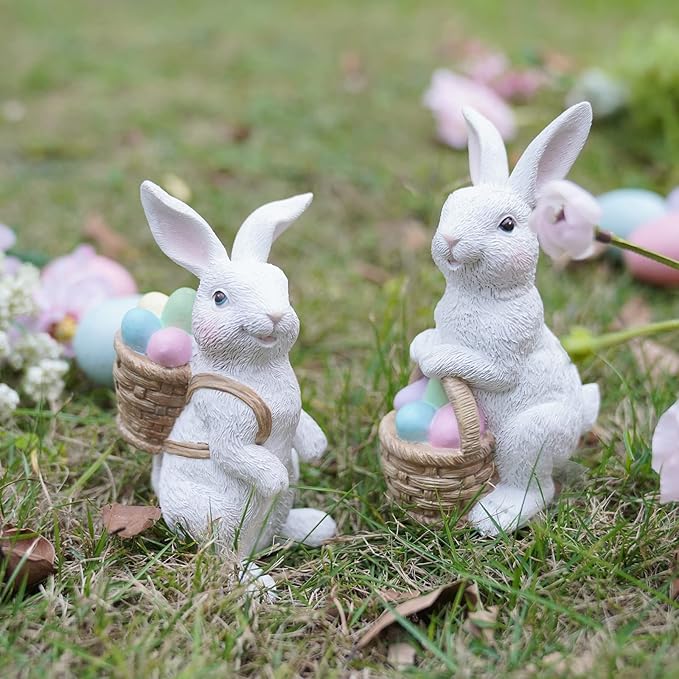Easter-Basket Bunny-Decor-Figurines Home-Decorations - 2PC Easter Decorations Table Ornaments Resin Spring Bunny Carry Egg Basket Tabletop Decorations for Home Farmhouse 5.25H inch Newman House Studio
