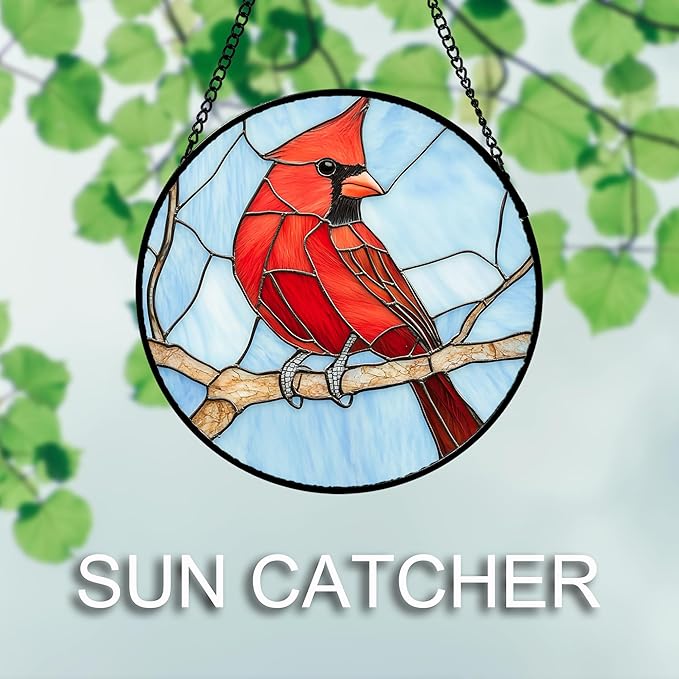 Stained Glass Window Hanging 4 Pcs Set Cardinal Blue Birds Large 11.8" - Suncatcher Door Garden Sun Catcher Decor Birthday Mother's Day for Bird Lovers Men Woman Nana Friend