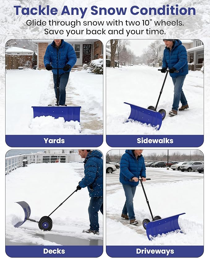 Snow Pusher with Wheels for Driveway, 29.5" Wide Heavy Duty Steel Blade, 5-Position Angle Adjustment & 60° Tilt Handle, Ergonomic Push Snow Shovel with Ground Protection for Effortless Snow Removal