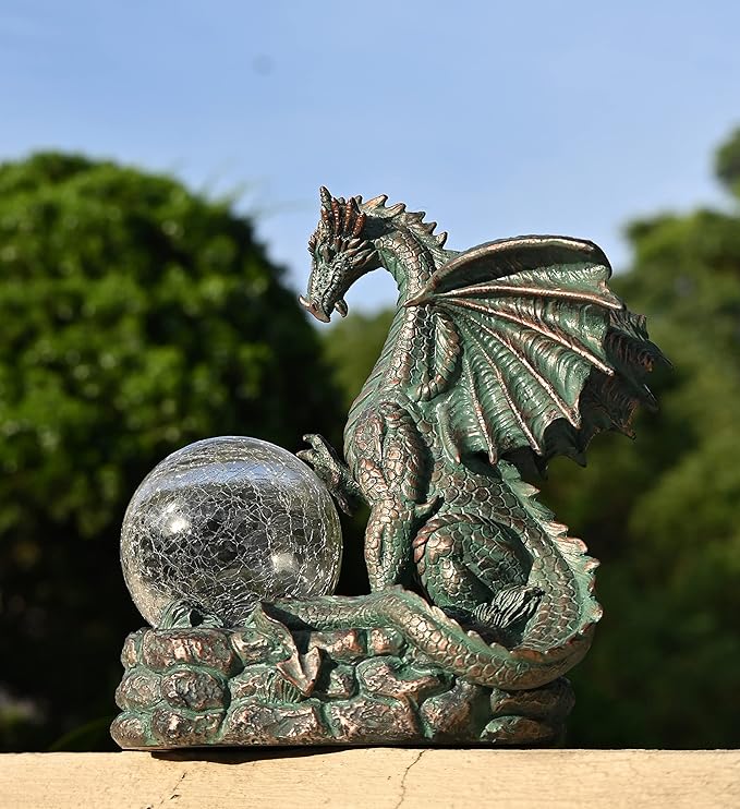 TERESA'S COLLECTIONS Dragon Outdoor Statues with Solar Crackle Globe Light, Resin Bronze Gothic Garden Decor,Touching Magic Ball Resin Lawn Ornaments for Patio Yard Decorations Gifts for Mom Dad, 6"