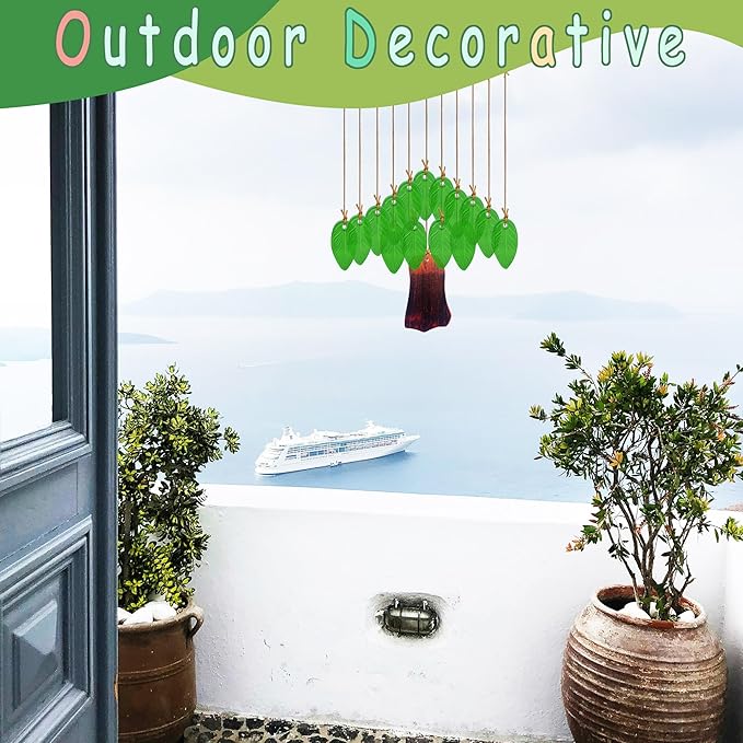 Leaf Shape Glass Wind Chimes for Outside Decoration, Green Tree Windchimes Outdoors Unique, Handcrafted Suncatcher Glass Art Wind Chimes Outdoor Gifts for Women, Hanging Outdoor Garden Decor