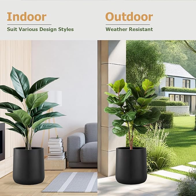 13" H x 12.6" D Conico Fiberstone Round Planter - Christmas Tree Planter, Smooth Finishes, Weather Resistant for Indoor and Outdoor Use, Included 2 Extra Coco Mats (Black, 10" Pot Opening)