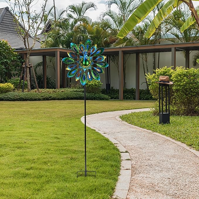 MUMTOP Wind Spinner 51 Inch Peacock Wind Spinner Outdoor Metal with Double Wind Sculpture for Patio, Lawn & Garden Decor