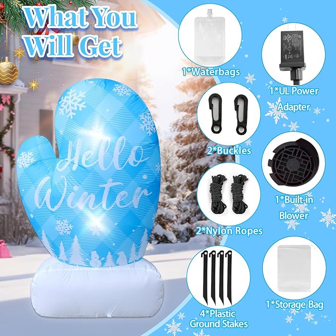 4.9FT Christmas Inflatable Snowflake Mittens Outdoor Decoration Hello Winter Sign Decor Blue Gloves Xmas Blow Up with 2 Lights for Yard Lawn Garden Winter Wonderland Frozen Birthday Party Decorations