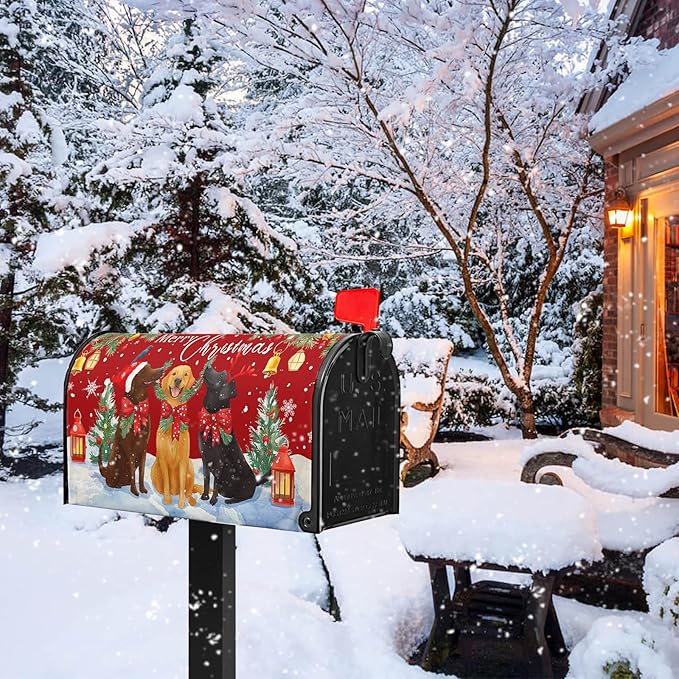 Merry Christmas Mailbox Covers Magnetic Standard Size Winter Dogs Mail Box Cover 21x18 inch Happy New Year Post Letter Box Cover Outdoor Decor for Garden