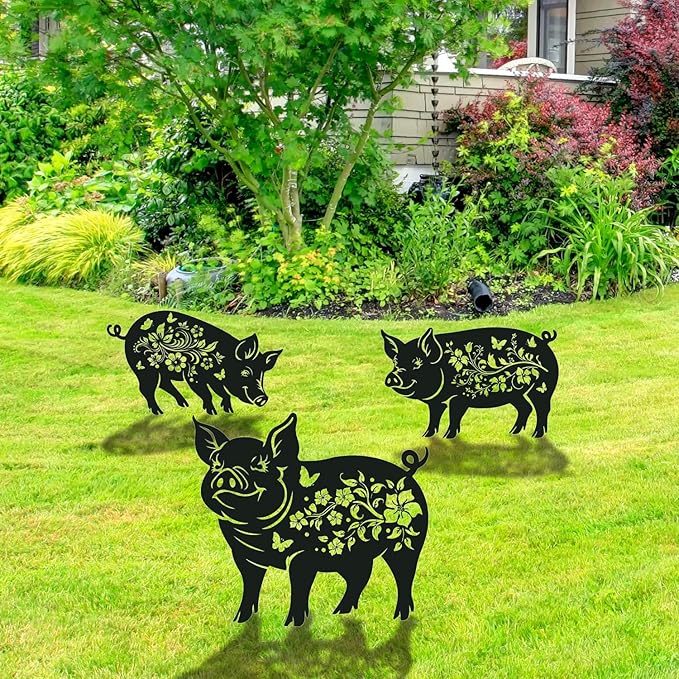Pig Decorative Garden Stakes Gifts, 3PCS Metal Pig Garden Statues Decor for Outside, Black Silhouette Yard Lawn Outdoor Gifts for Women Men Pig Lovers