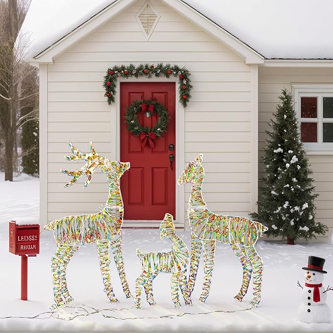 VINGLI 3-Piece Lighted Iridescent Christmas Reindeer Family Set, 3FT Buck Doe Fawn Outdoor Yard Decorations, Pre-lit 110 Warm White LED Lights, Weatherproof Xmas Lawn Garden Home Decor