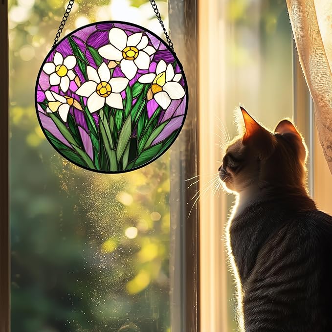 Stained Glass Window Hanging 4 Pcs Set Tulips Plum Flower Daffodils Hyacinths 6.3" - Suncatcher Door Garden Sun Catcher Decor Birthday Mother's Day for Mom Woman Nana