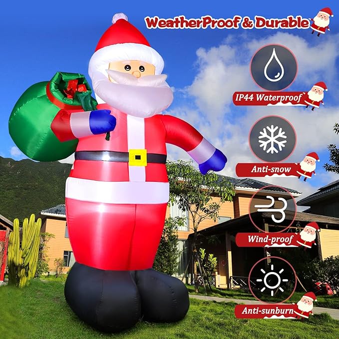 12 Feet Giant Christmas Inflatables Santa Claus Outdoor Decorations, Blow Up Huge Santa Claus with Gift Bag, Built-in Bright LED Lights, Xmas Santa Outside Decor for Holiday Party Yard Garden Lawn