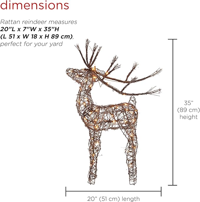 Alpine Corporation 35" Tall Outdoor Lighted Rattan Reindeer Christmas Yard Decoration with 60 Warm White LED Lights for Lawn Display, Brown