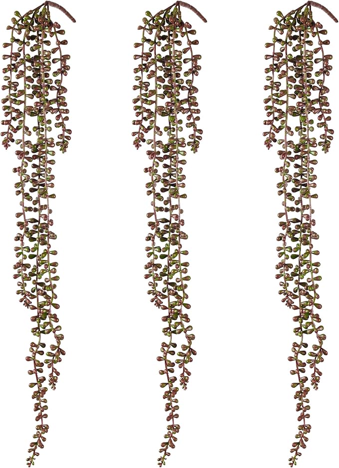 3PCS Orange Artificial Succulents Hanging Plants,27.5 Inch Fake String of Pearls Greenery Plants 5 Branches for Autumn Home Garden Office Balcony Wall Indoor Outdoor Fall Decoration,Orange
