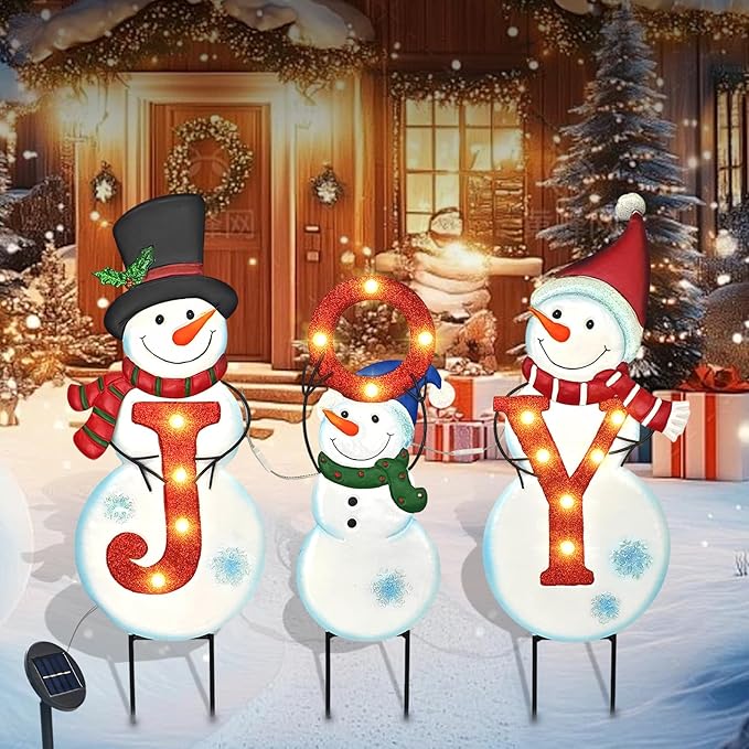 Christmas Outdoor Yard Signs Decorations, LED Solar Metal Garden Stake Lights with Joy for Patio Lawn Christmas Decor (Snowman Family)