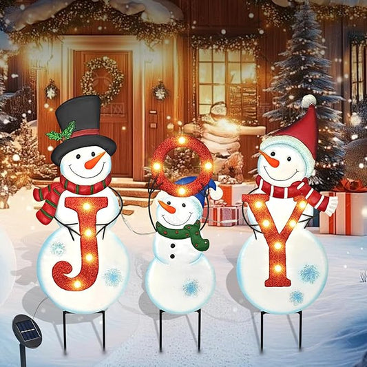 Christmas Outdoor Yard Signs Decorations, LED Solar Metal Garden Stake Lights with Joy for Patio Lawn Christmas Decor (Snowman Family)