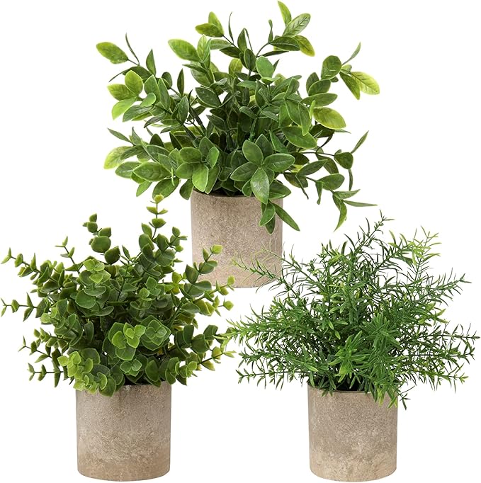 Briful Artificial Potted Plants Set of 3 Small Faux Plant Eucalyptus Mini Fake Plant Decor for Home Table Office Room Desk Bathroom Shelf Kitchen Rustic Farmhouse Mantel Decoration