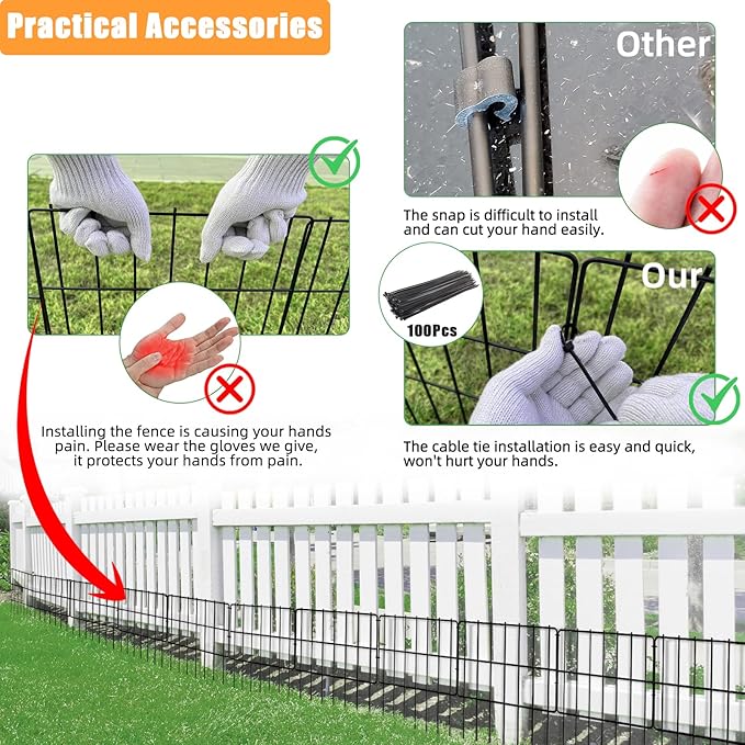 25 Pack Garden Animal Barrier - 1.65inch Spike Spacing, Reusable Rustproof Metal Fence Border for Dogs & Rabbits - Total 27ft(L) x 17inch(H)