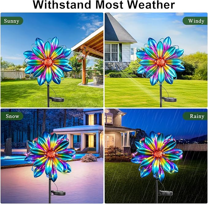 Flower Solar Wind Spinners - 61'' Metal Colorful Spinning Windmill Garden Ligths with LED Outdoor Decorative Stake Lighting Waterproof Flower Sculpture for Patio Yard