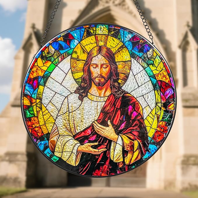 Suncatcher Stained Glass Window Hanging - Jesus Christ Glass Panel with Metal Chain and Hooks Handmade Sun Catcher Decoration for Window Garden Home Christmas & Birthday Gifts (8 Inch)