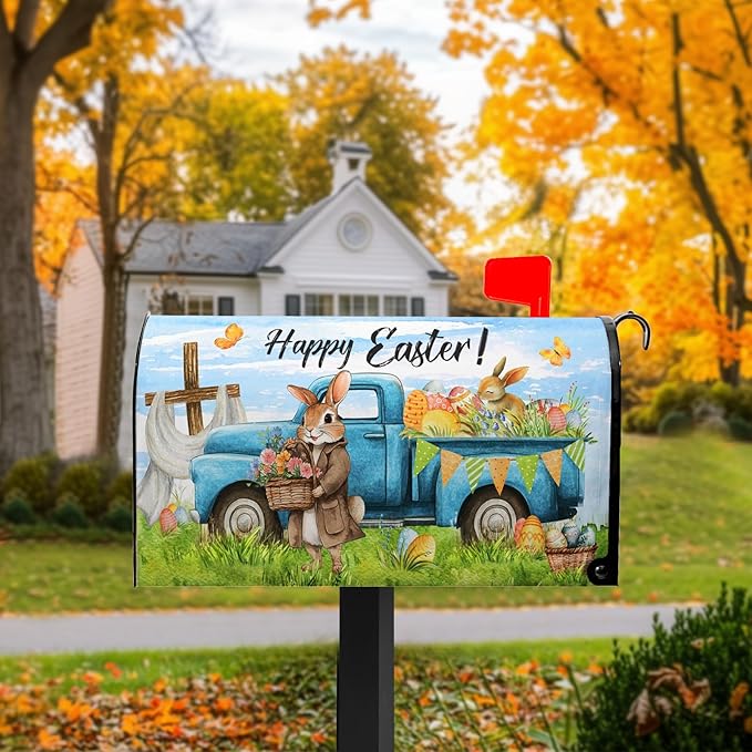 Happy Easter Mailbox Covers Magnetic Standard Size 21x18 in Spring Rabbit Mailbox Wraps Waterproof Oxford for Outside Garden Holiday Decorations Easter Eggs Truck