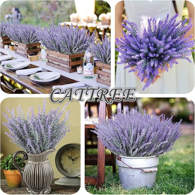 CATTREE Artificial Lavender for Decoration, Fake Flowers Flocked Plants Plastic Faux Flower Bundles Outdoor Indoor Wedding Bouquet Kitchen Table Centerpieces Arrangements DIY Decor - Purple 5 Pack