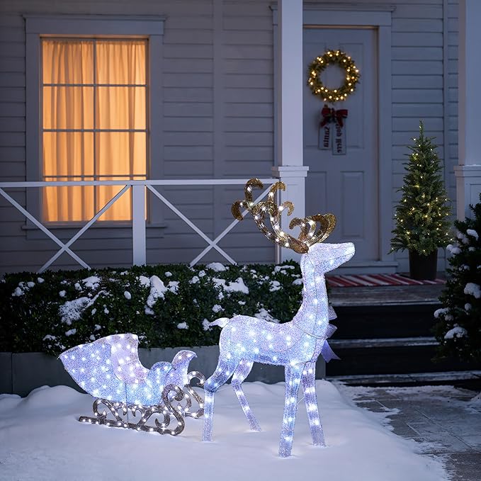 LuxenHome Lighted Reindeer Christmas Outdoor Yard Decorations, Prelit Reindeer and Sleigh Indoor & Outdoor Christmas Decor with 240 LED Lights, Xmas Decorations for Front Porch, Lawn, Garden Display