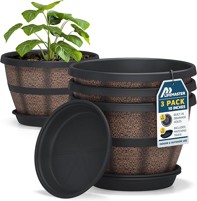 Lifemaster 10-Inch Whiskey Barrel Planters Outdoor Pack of 3, Plastic Decoration Plant Pots for Indoor & Outdoor Use with Drainage & Saucer, Rustic Garden Planters for Flowers, Small Plants & Herbs