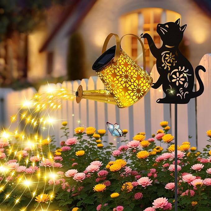 Solar Lights Outdoor Decorative, Watering Can with Cascading Lights, with Cat Silhouette Garden Stakes, Waterproof Metal Garden Decor for Yard Art, Outside, Patio, Lawn Ornaments 2PACK