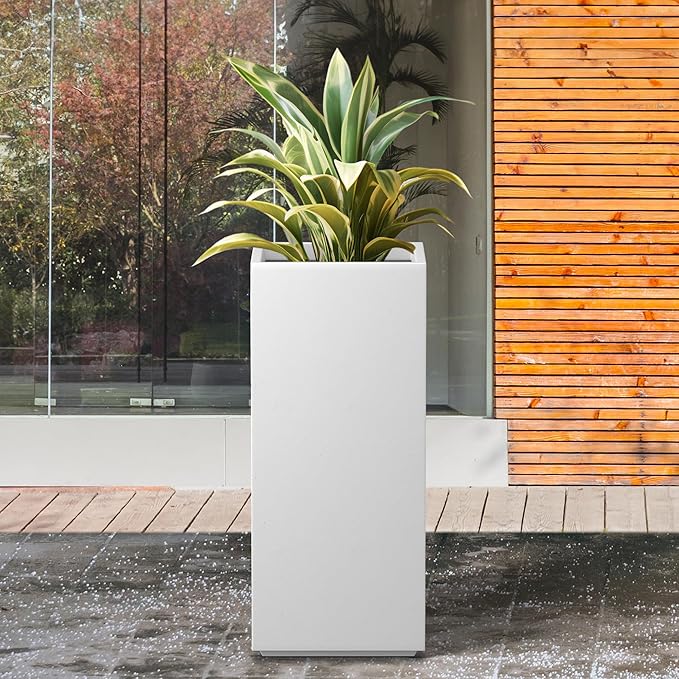 Kante 27.6" H Tall Rectangular Concrete Planter, Modern Square Diameter Plant Pot with Drainage Hole and Rubber Plug for Indoor Outdoor Home Patio Garden, Pure White
