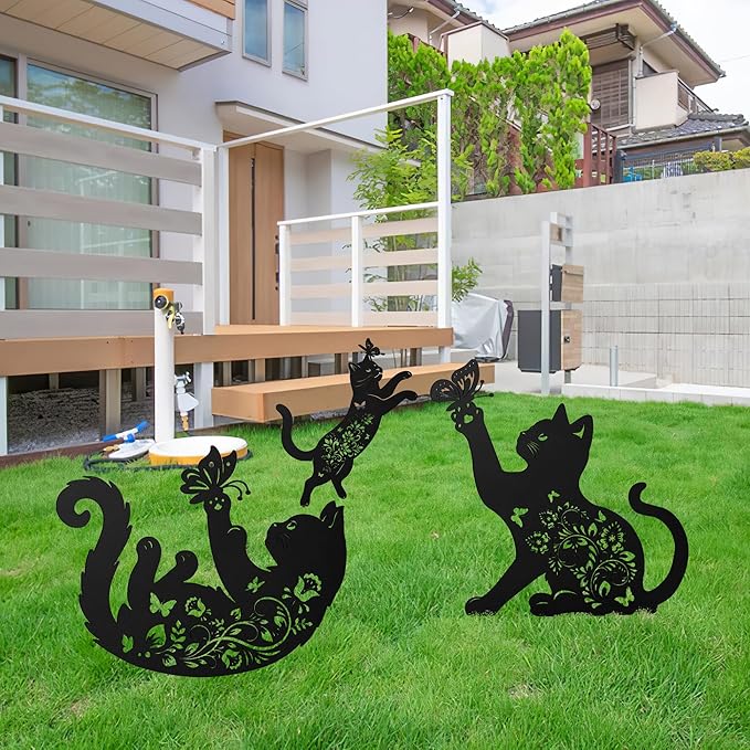 Cat Decorative Garden Stakes, 3 Pcs Cat Lover Gifts for Women Men Metal Garden Stakes, Butterfly Floral Silhouette Outdoor Yard Art Lawn Decor