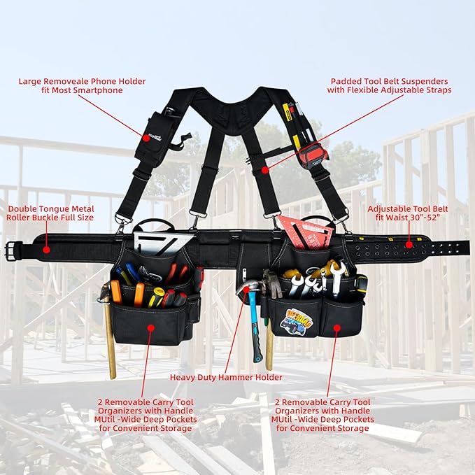 MELOTOUGH Tool Belt with Suspenders Tool Bag Supenders Framers Comb Apron Tool Belt Construction Tool Pouch Builder Heavy Duty Carpenter Suspension Rig for Electrician, Roofing,Contractor