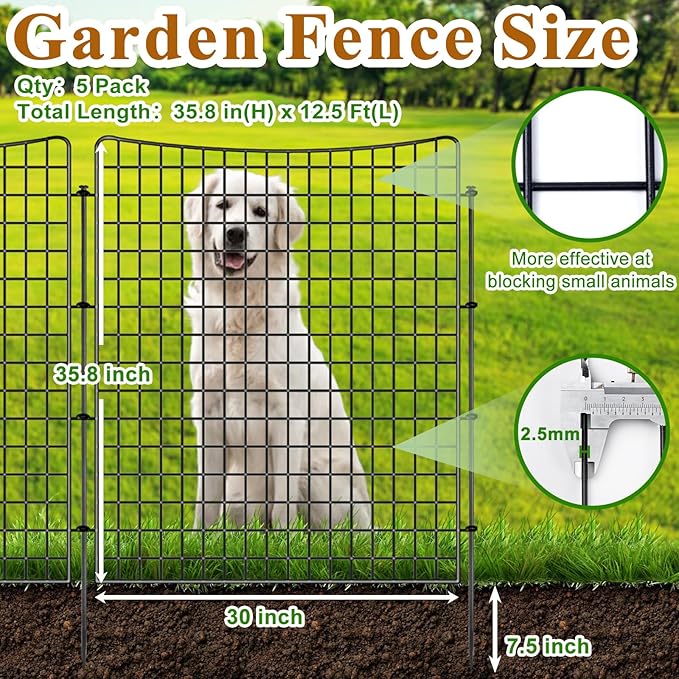 5 Panels Garden Fencing Animal Barrier, 36in(H) X 12.5ft(L) Dog Fence Outdoor for Yard Rustproof No Dig Decorative Tall Rabbit Fences Metal Wire Panel Border Patio Ground Stakes