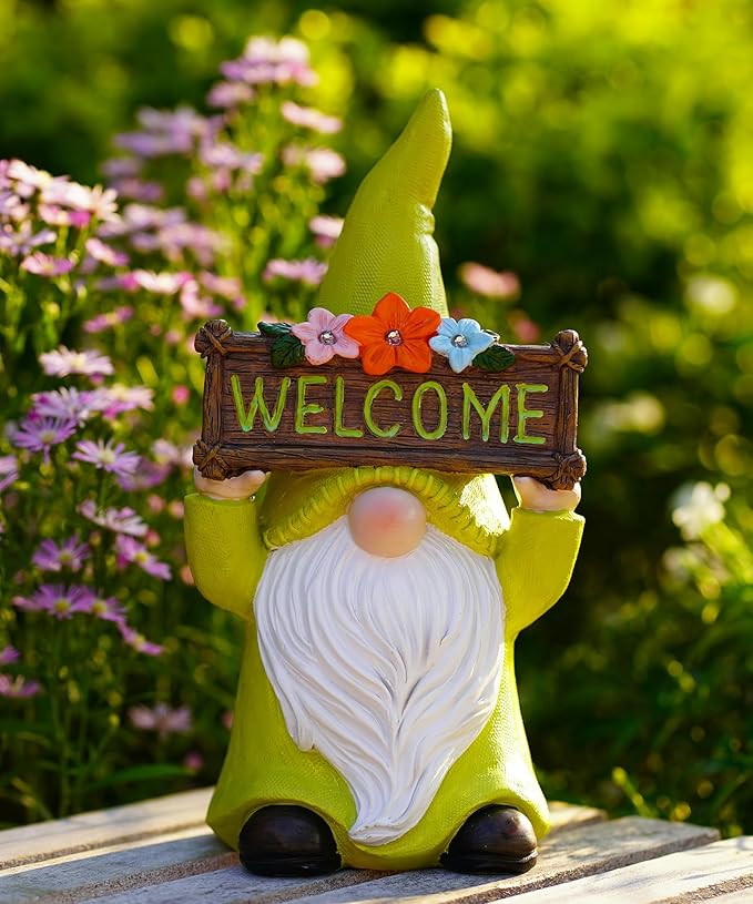 Nacome Solar Gnome Statue for Garden Decor: Outside Sculpture with Flower Welcome Sign Clearance for Yard Art Lawn Ornaments Porch Patio Balcony - Birthday Gifts for Grandma Mom Women(Green)