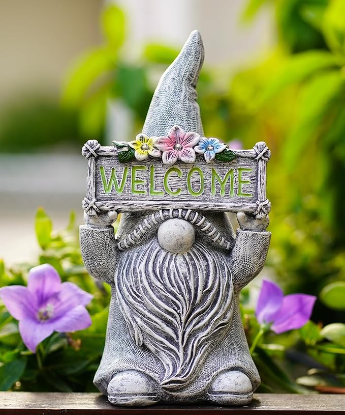 Nacome Solar Gnome Statue for Garden Decor: Outside Sculpture with Flower Welcome Sign Clearance for Yard Art Lawn Ornaments Porch Patio Balcony - Birthday Gifts for Grandma Mom Women(Grey)