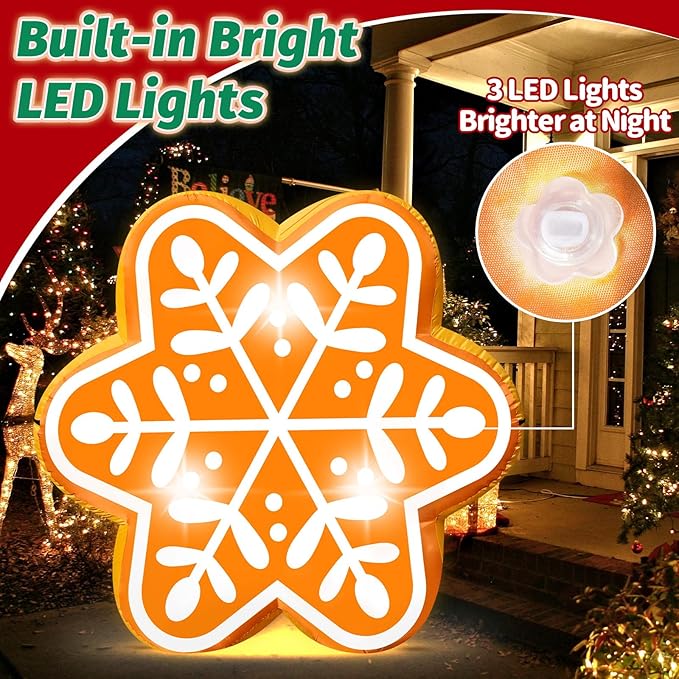 5FT Christmas Inflatable Snowflake Gingerbread Blow-up Giant Gingerbread Snowflake Built-in 3 LED Lights for Christmas Inflatables Outdoor Decorations Winter Xmas Party Decor for Yard Garden Lawn