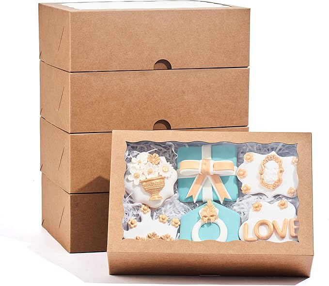 48PCS 10 x 7 x 2.5 inches Premium Bakery Boxes for Cookies Boxes, Strawberries Boxes with Clear Window, Brown Natural Kraft Paper Box