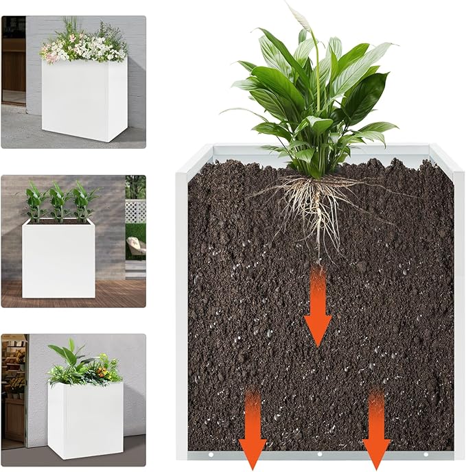 Metallic Heavy Outdoor/Indoor Planter Box, Seamless Large Metal Planter for Tall Trees, Plants, Flowers, No Assembly Required (White, 24 * 10 * 24 inch)