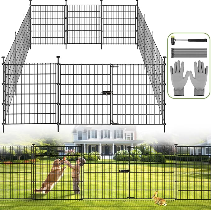 Garden Fence Panels with Gate 14.5ft(L) X 32in(H), Garden Fencing for Yard Includes Gloves, Hammer&Zip Ties, Rustproof Metal Wire Temporary No Dig Dog Fence Outdoor for Yard