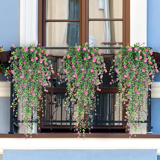 Artificial Hanging Flowers, 3 Pcs Fake Hanging Plants Artificial Vines for Outdoors, Fake Ivy Vine UV Resistant No Fade Faux Plants for Indoor Outside Garden Patio Yard Greenery Decoration (Pink)