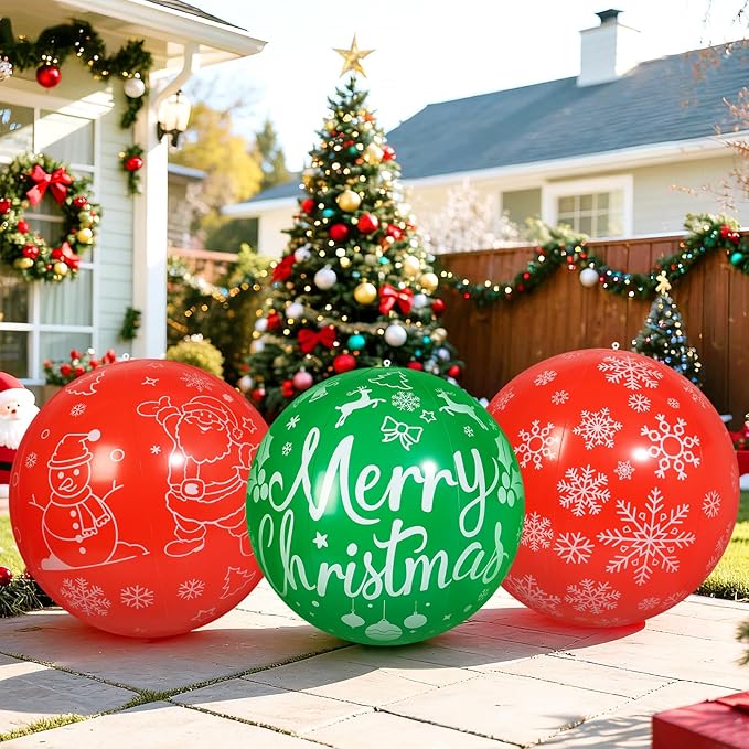 3 PCS 32 Inch Christmas Inflatable Balloons PVC Large Christmas Inflatable Outdoor Balls for Xmas Garden Lawn Yard Holiday Front Door Decoration
