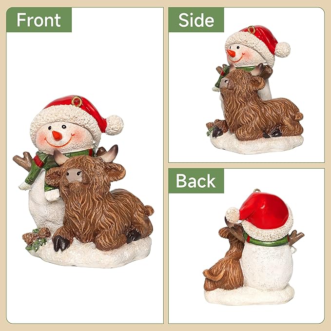 Christmas Highland Cow Figurines Decor, 2 PCS Small Christmas Cows with Snowman/Tree, Hanging Ornaments Xmas Resin Statue for Garden Bathroom Kitchen Home Table Decorations