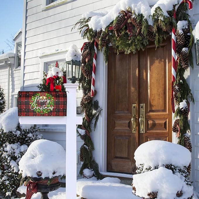 Merry Christmas Wreath Magnetic Mailbox Covers, Standard Size 18 X 21 Winter Xmas Red Buffalo Plaid Mailbox Cover, Holiday Decorations Mailbox Wrap Post Letter Box Cover Decor for Home Outdoor Garden