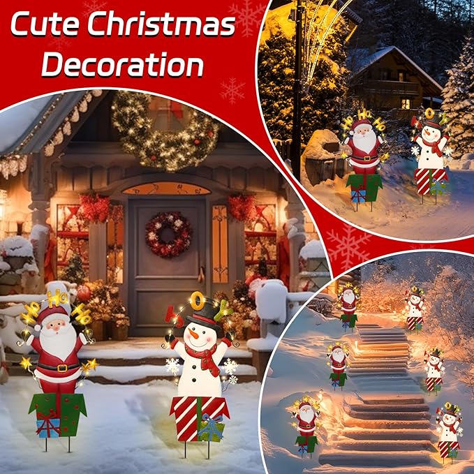 Christmas Outdoor Yard Signs Decorations, LED Solar Metal Garden Stake Lights with Joy for Patio Lawn Christmas Decor (Snowman&Santa Claus)