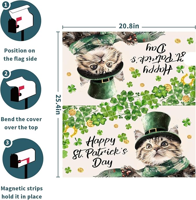 Patrick Cat Magnetic Mailbox Cover 25.5x21 Inch Happy St. Patrick's Day Clover Shamrocks Kitten Mailbox Wrap Post Cover Standard Size for Garden Yard Outdoor Outside Patio Holiday Decor