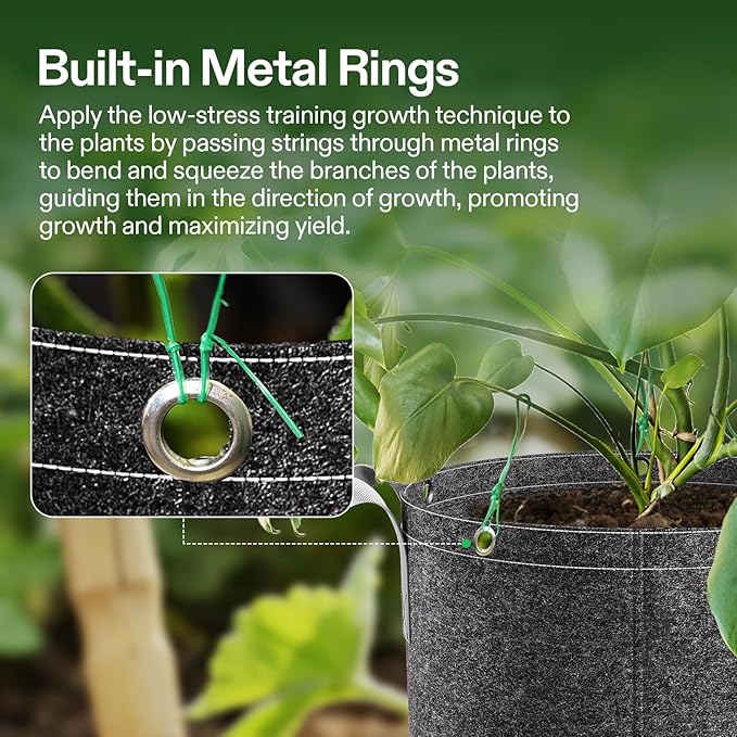 VIVOSUN 5-Pack 15 Gallon Grow Bags, 500G Thick Nonwoven Fabric Pots with Strap Handles, Multi-Purpose Rings, for Low Stress Plant Training Fruits, Vegetables, and Flowers