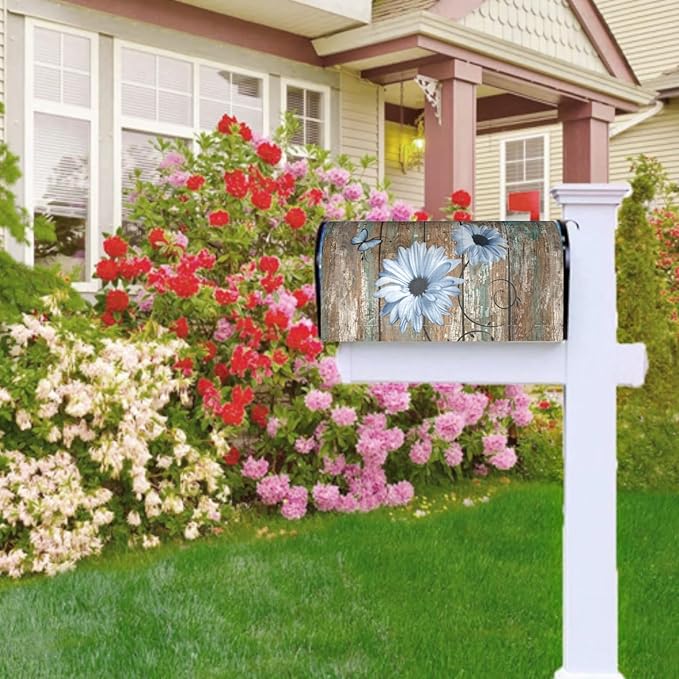 Rustic Daisy Board Mailbox Cover Magnetic, Blue Sunflowers Vintage Wood Grain Plank Mailbox Wrap Letter Post Box Cover for Yard Garden Outside Home Decor, Large Size 25.5x21 Inch