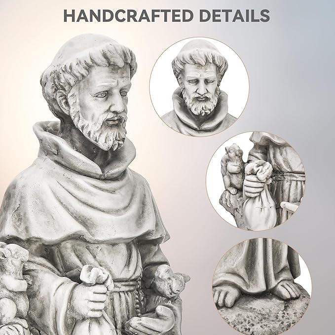 St Francis Garden Statue, 31" Saint Francis Catholic Outdoor Statues, Large Religious Christian Sculpture Deor for Prayer and Meditation, Patron Saint of Animals Patio in Magnesium Oxide Stone