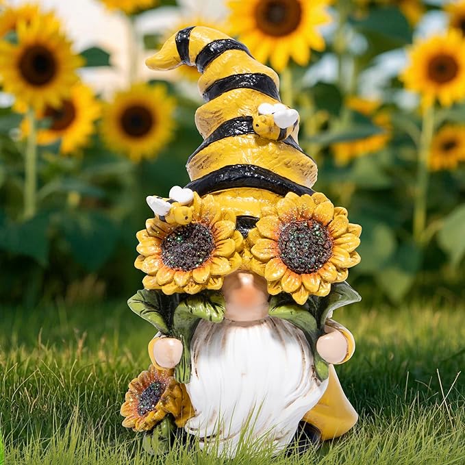 Hodao Spring Bumble Bee Gnome Figurine - Cute Garden Decor with Sunflower Accents, Yellow Bee Statue for Spring Home Table Decor, Unique Gifts for Nature Lovers